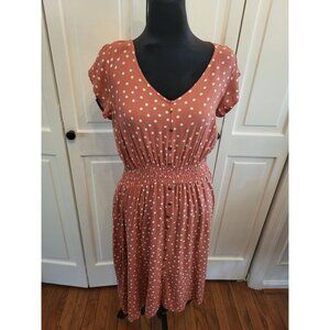 50s Inspired Terracotta Polka Dot Rayon Dress  M Smocked Waist Twee TradWife